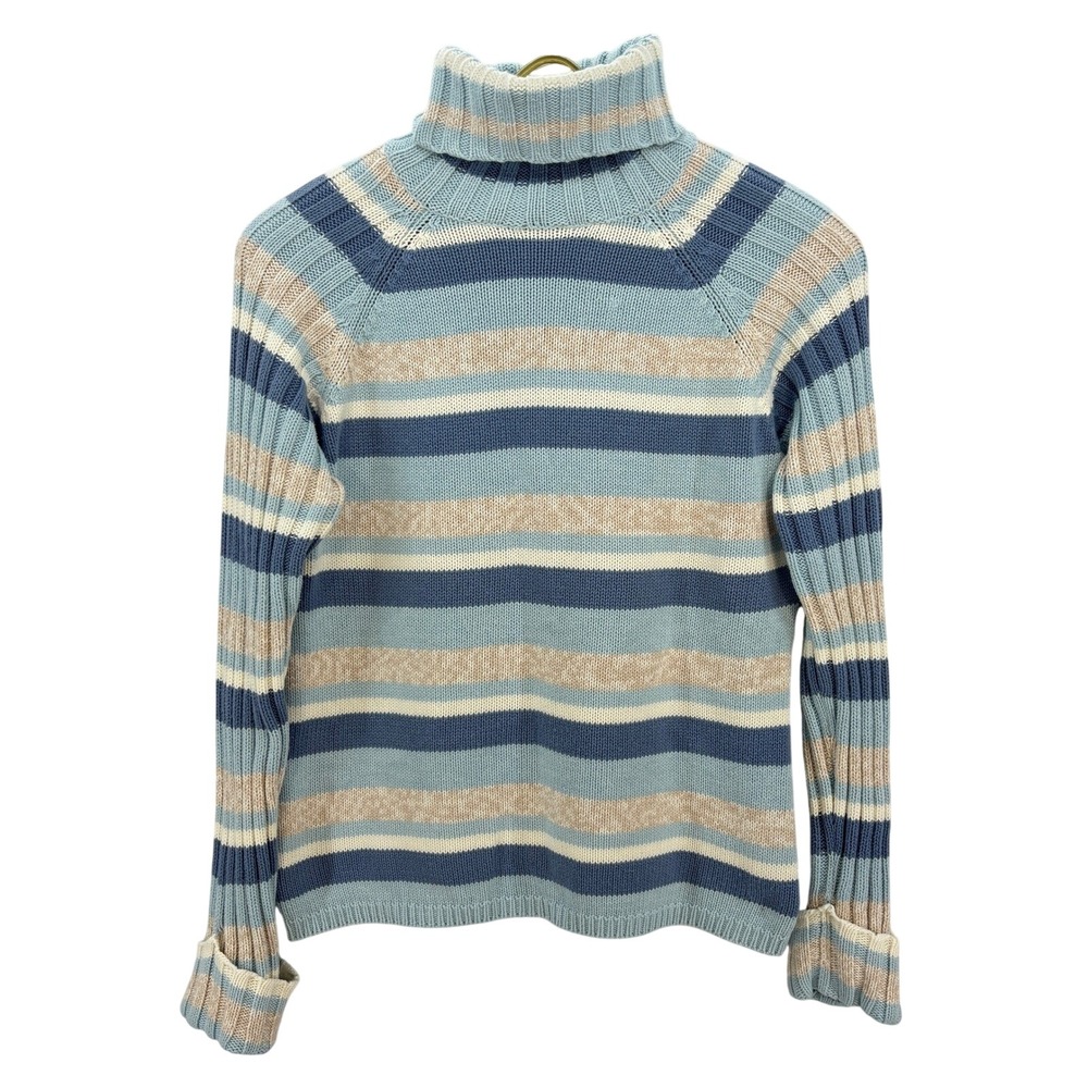 Vintage y2k Striped Turtleneck Sweater Womens Medium Blue Coastal Preppy Knit